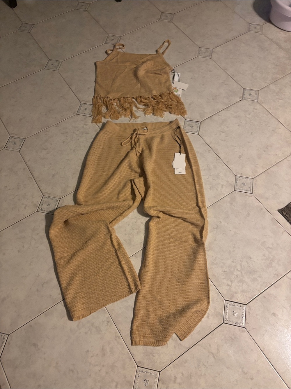 Wide-Leg Knit Pants & Fringe Crop Tank Set - Camel